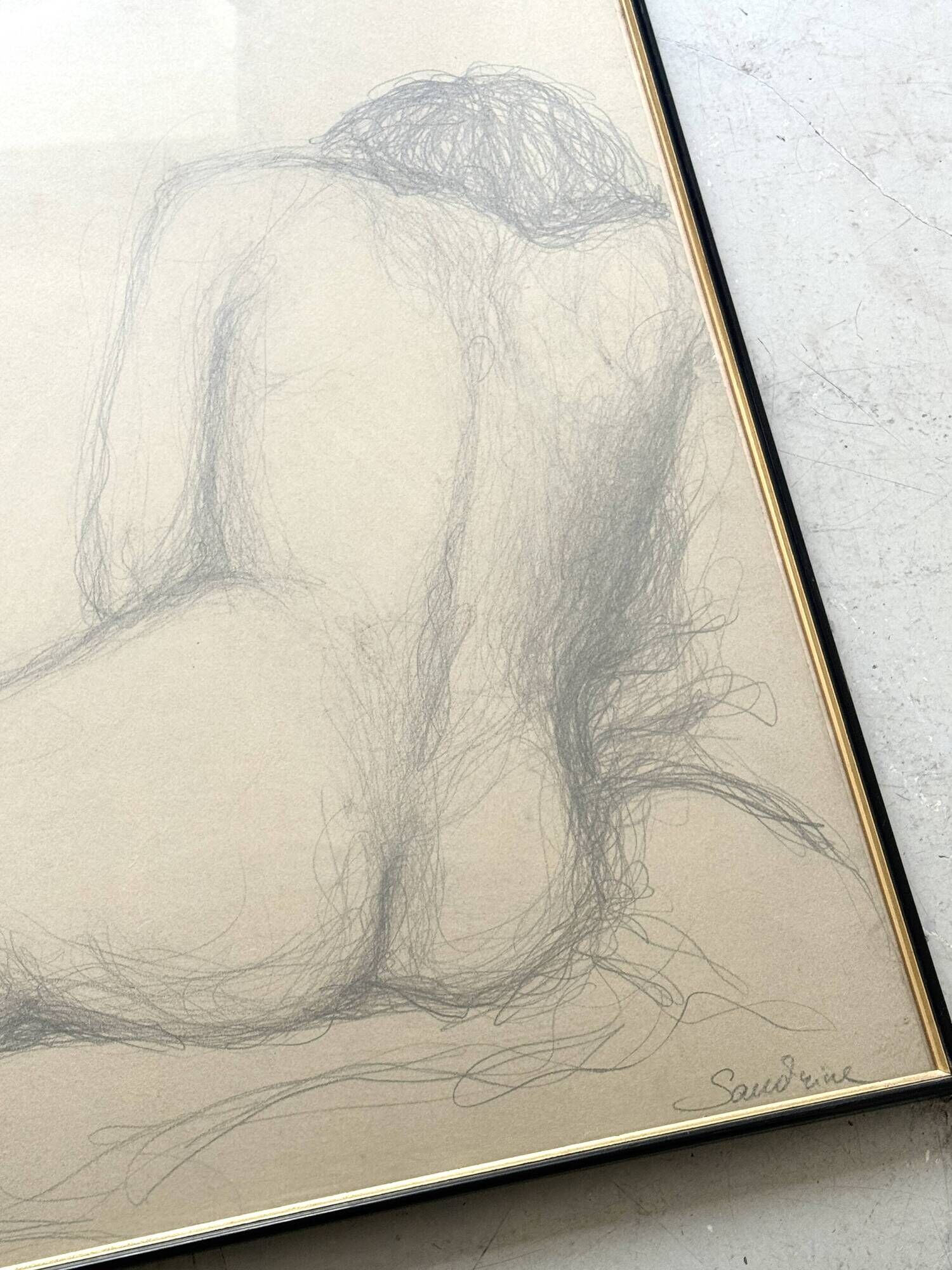 Large original drawing of a female nude, pencil on paper under glass signed XX.