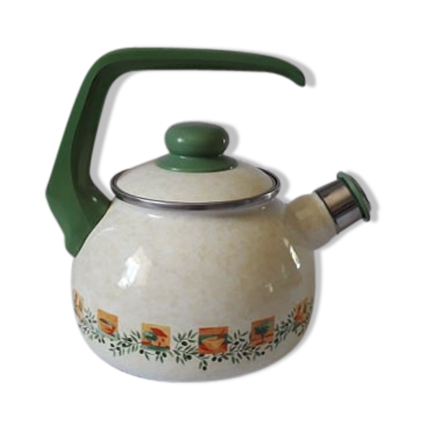 Enamelled metal and bakelite kettle 1950/1960