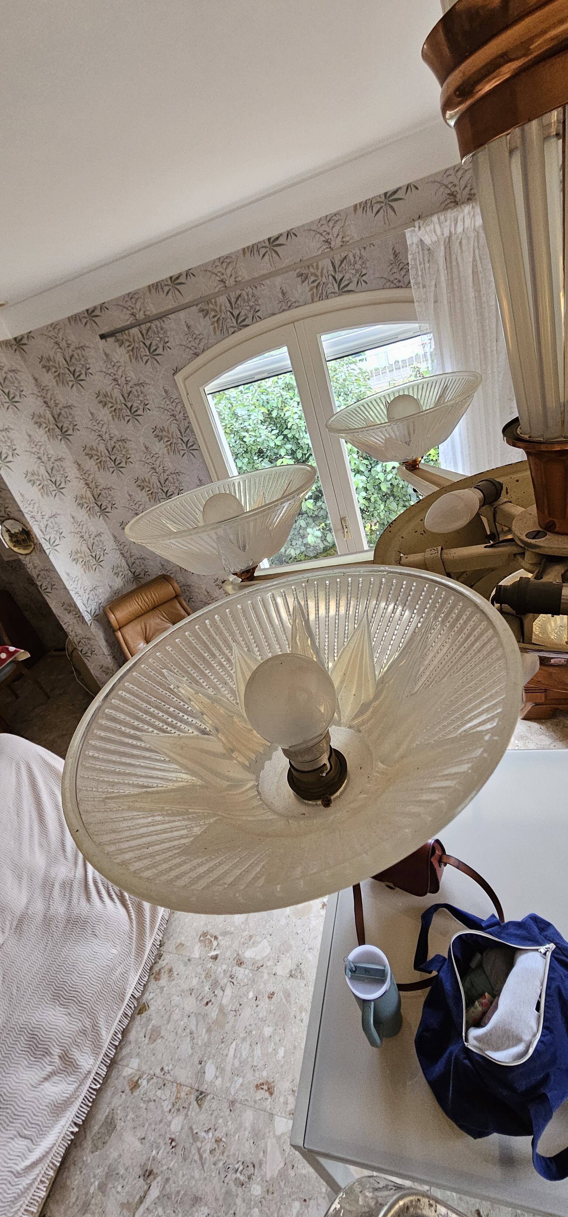 Art Deco chandelier by H.Petitot and Jean Gauthier in copper-plated metal and opal glass