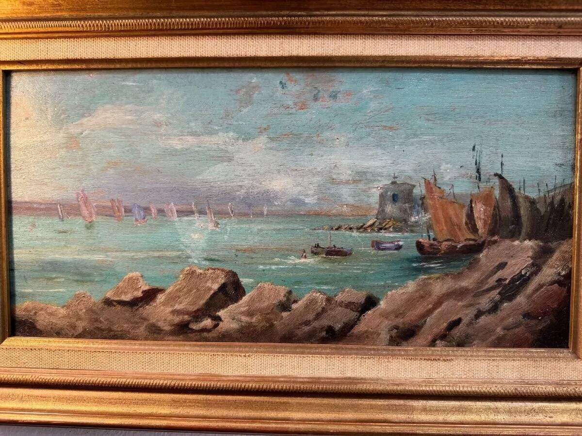 Peinture à l'huile vintage de paysage marin impressionniste français