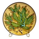 Antique dessert plate in majolica – relief decoration of leaves – yellow and green