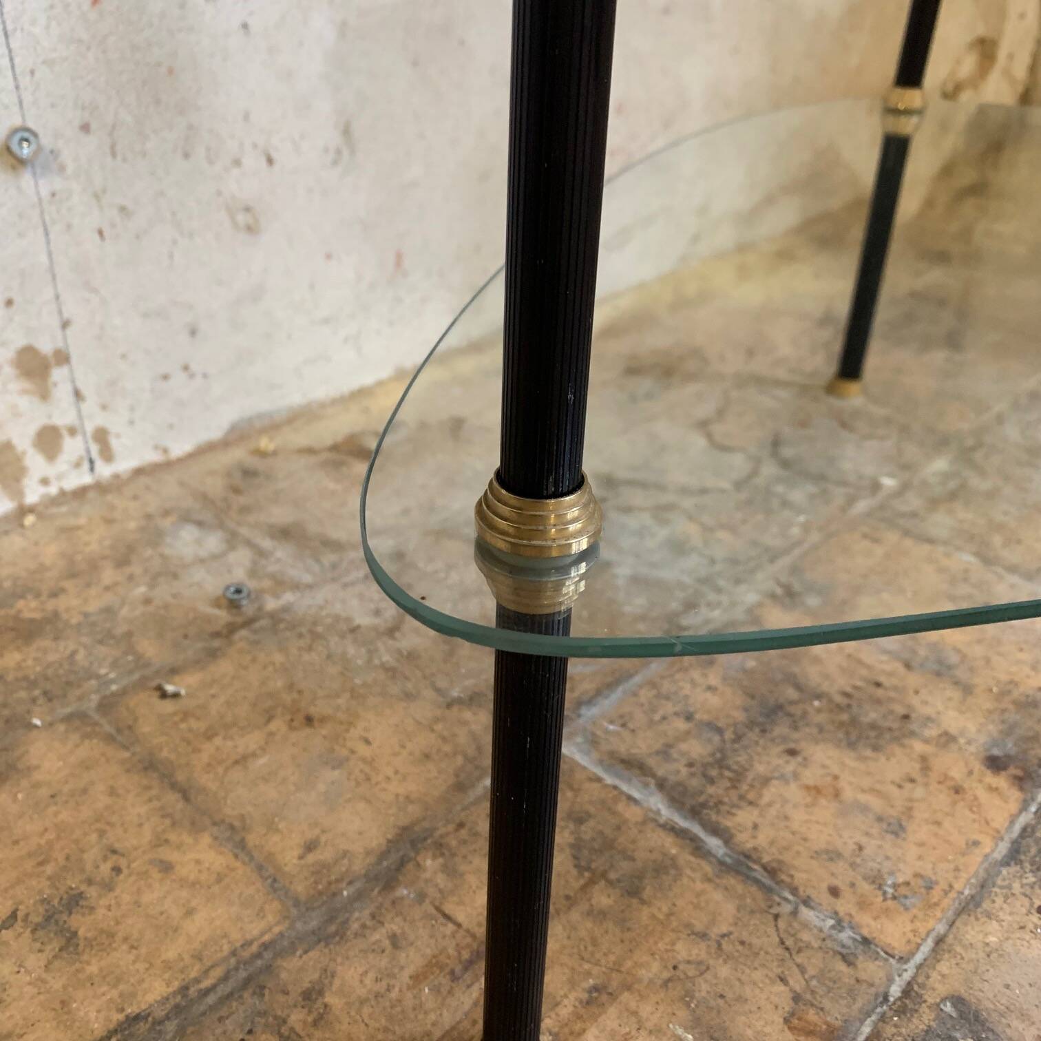 Pair of two 1950s glass and metal coffee tables, in the style of Edoardo Paoli