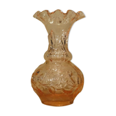 Pink molded pressed glass vase decorated with hazel foliage