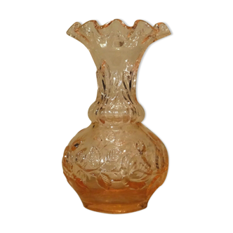 Pink molded pressed glass vase decorated with hazel foliage