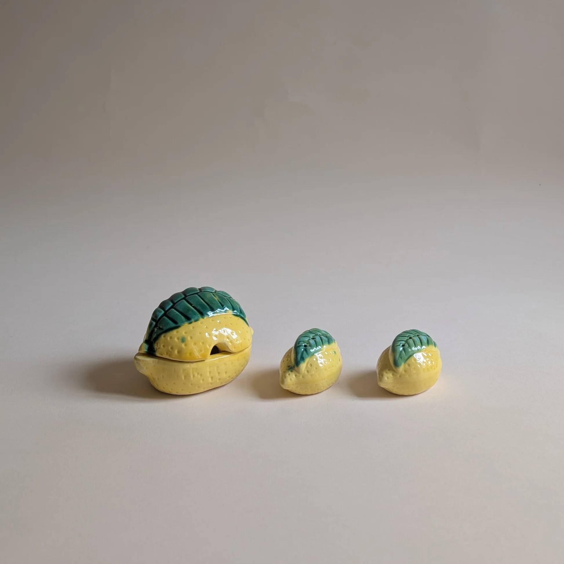 Lemon slushie set, gravy boat, pepper shaker and salt shaker