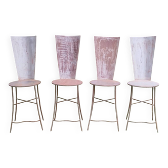 Set of 4 Sculptural Chairs "High Back" - Patinated Raw Metal - D