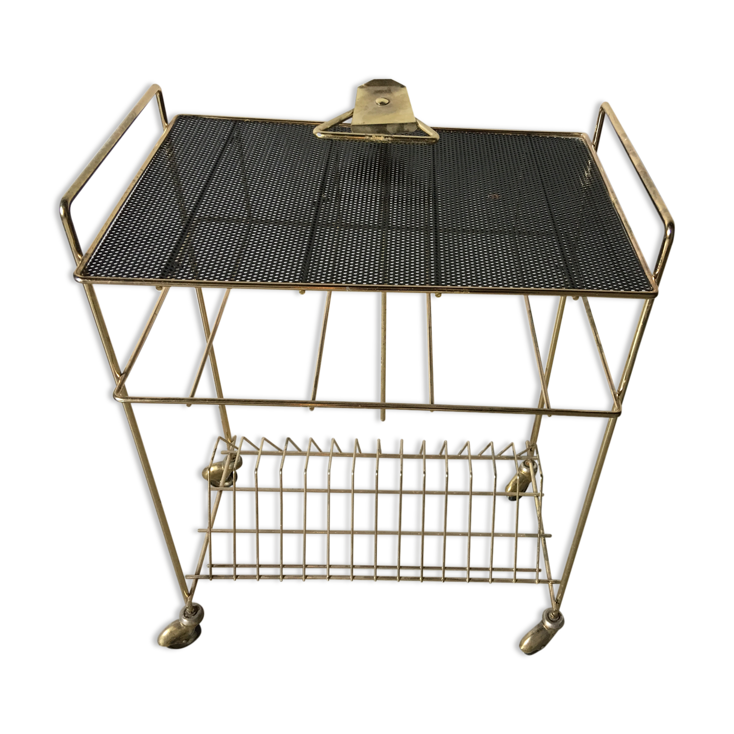 Desserte à musique, porte-vinyles, laiton et métal perforé 1950, 60