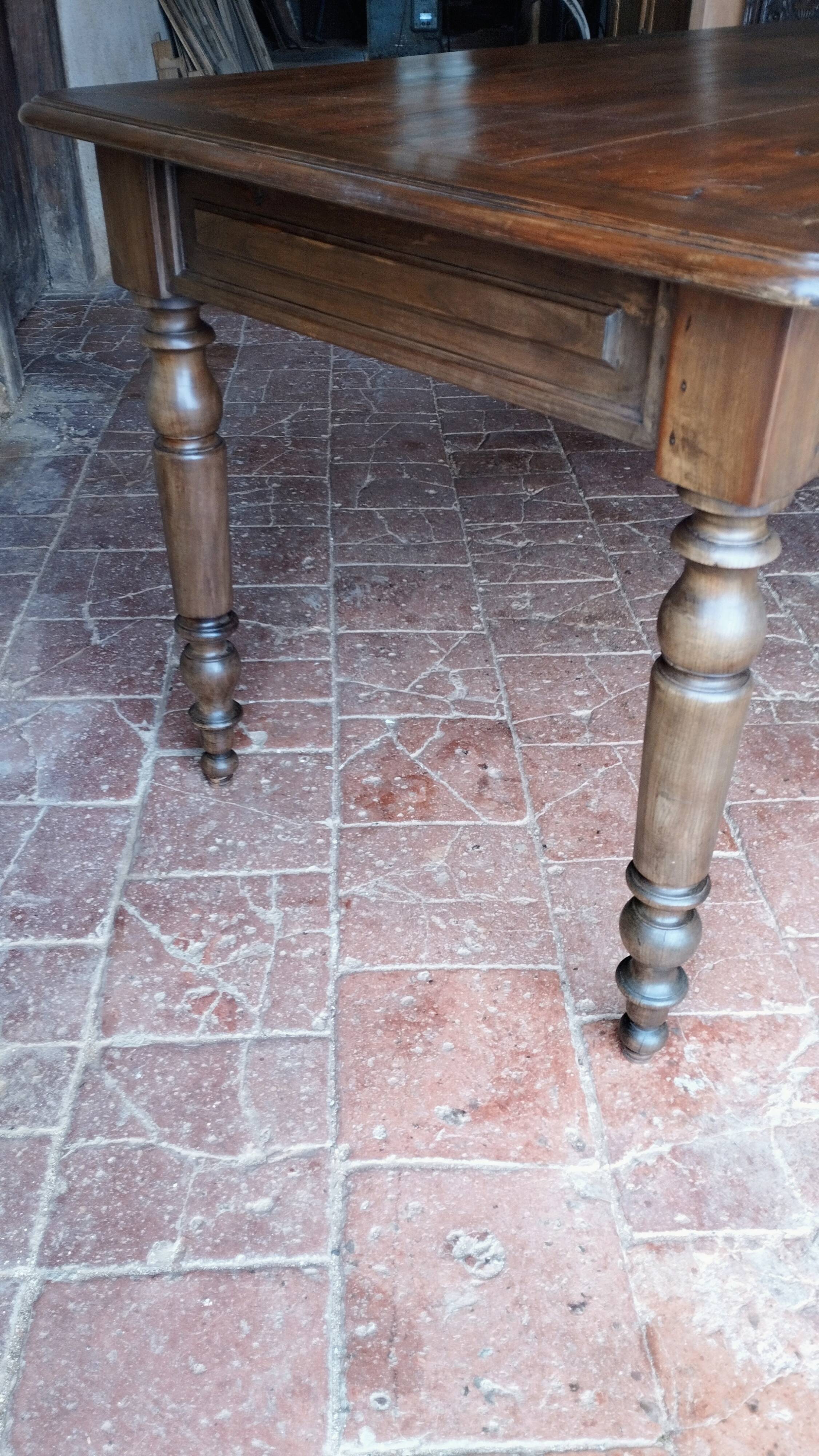 Old French farmhouse table in walnut, turned legs, waxed finish
