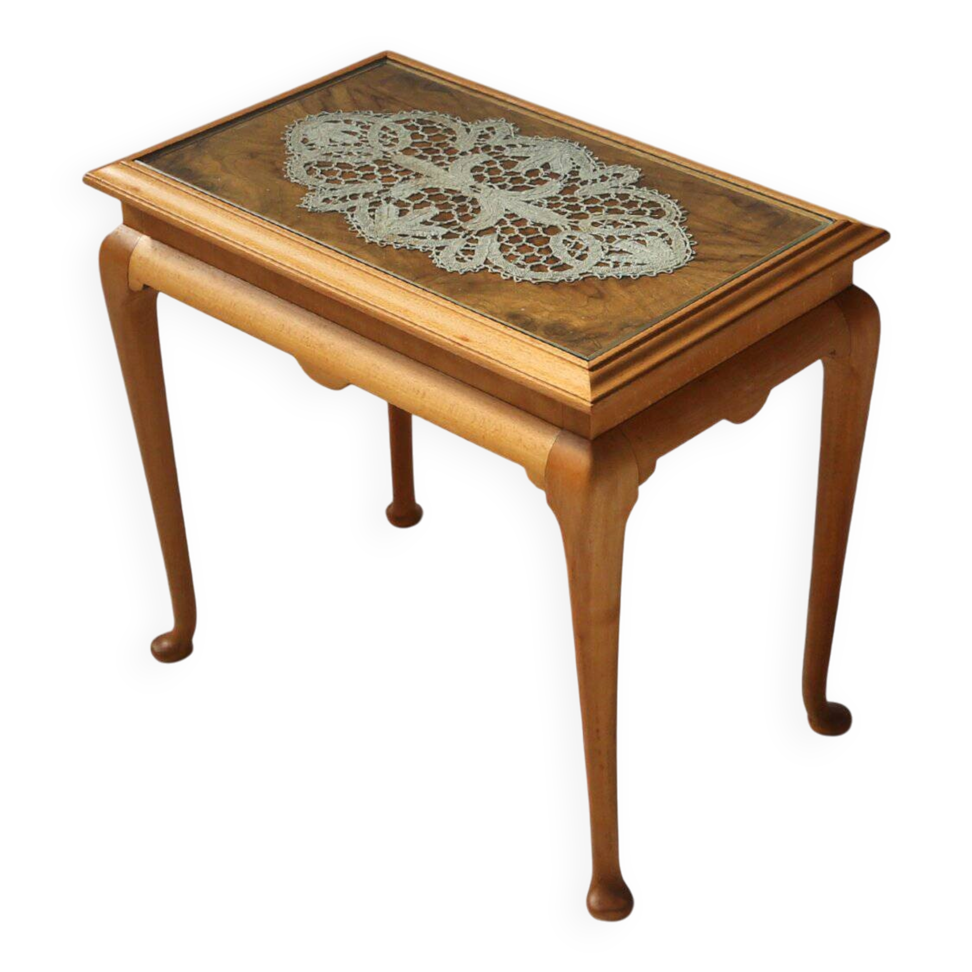 Side Table in Beech with Lace Inlay and Glass Top, France 1950s