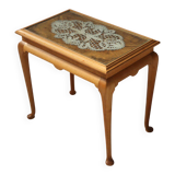 Side Table in Beech with Lace Inlay and Glass Top, France 1950s