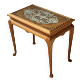 Side Table in Beech with Lace Inlay and Glass Top, France 1950s