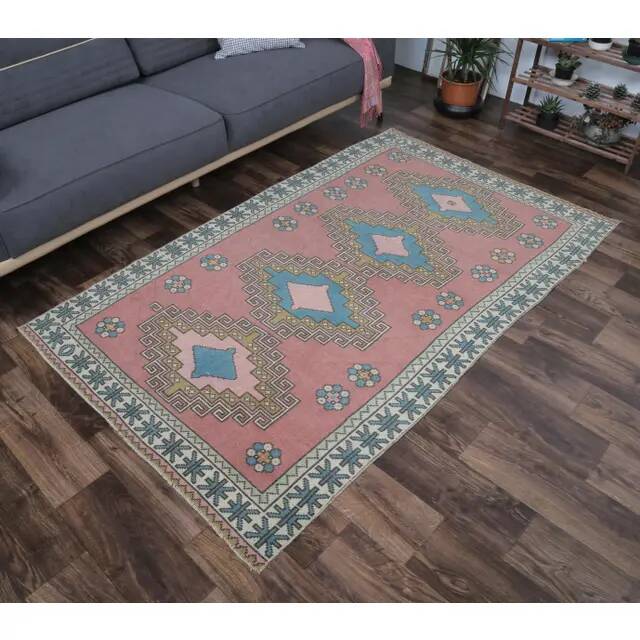Vintage Turkish Oushak Handmade Pink Wool Rug 122x201