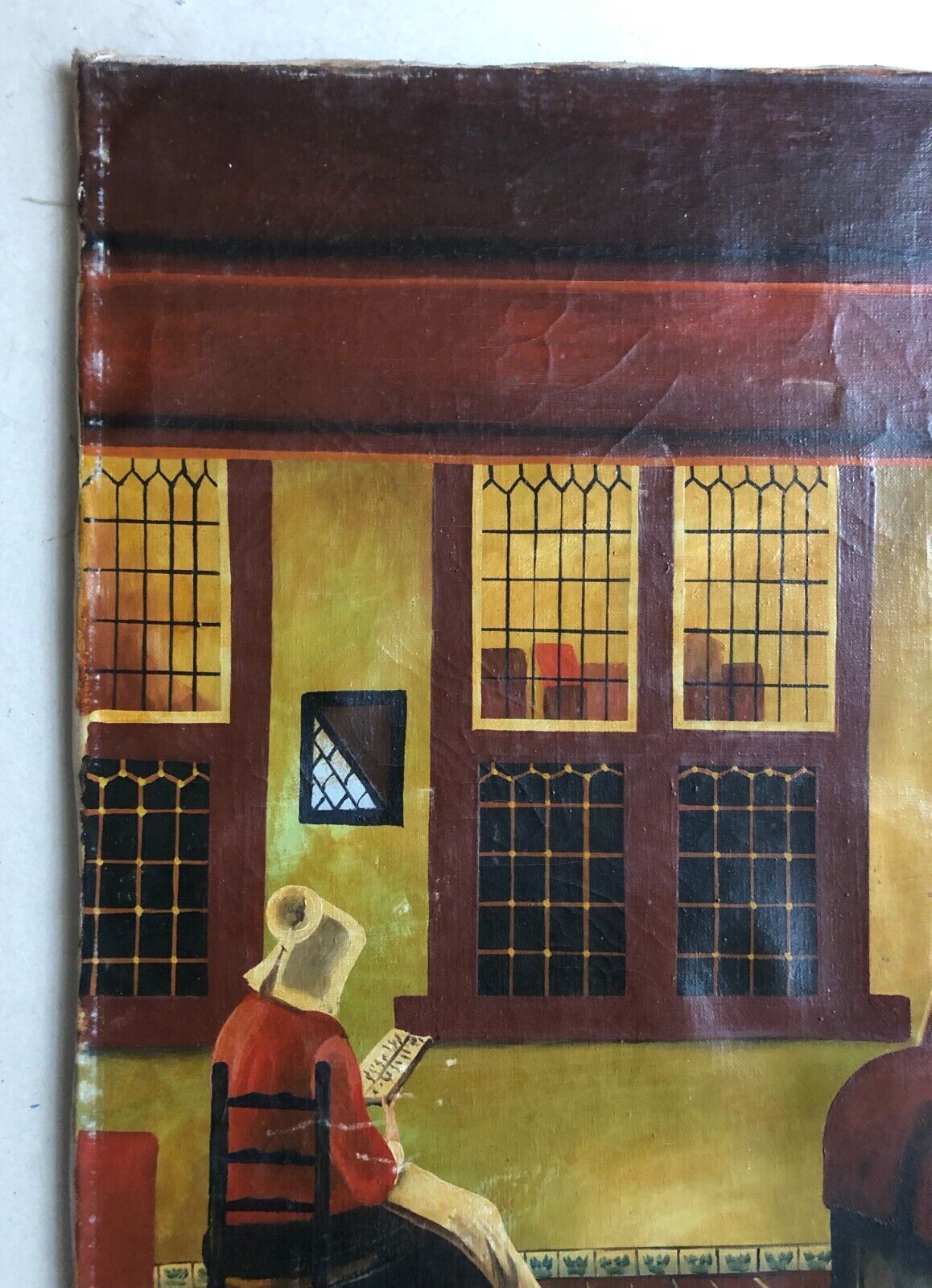 Mid century signed painting with Flemish interior