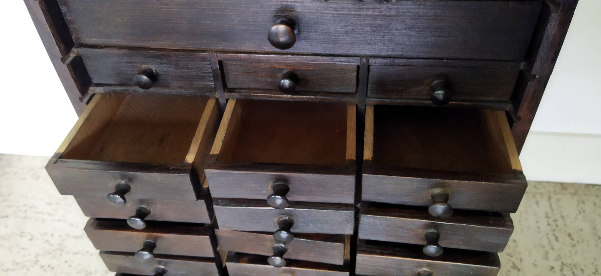 Authentic workshop furniture / Vintage watchmaker's layette in black wood