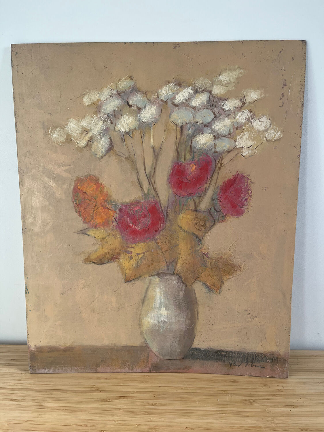Bouquet of flowers, oil on wood panel, signed Vlad Tiberin.