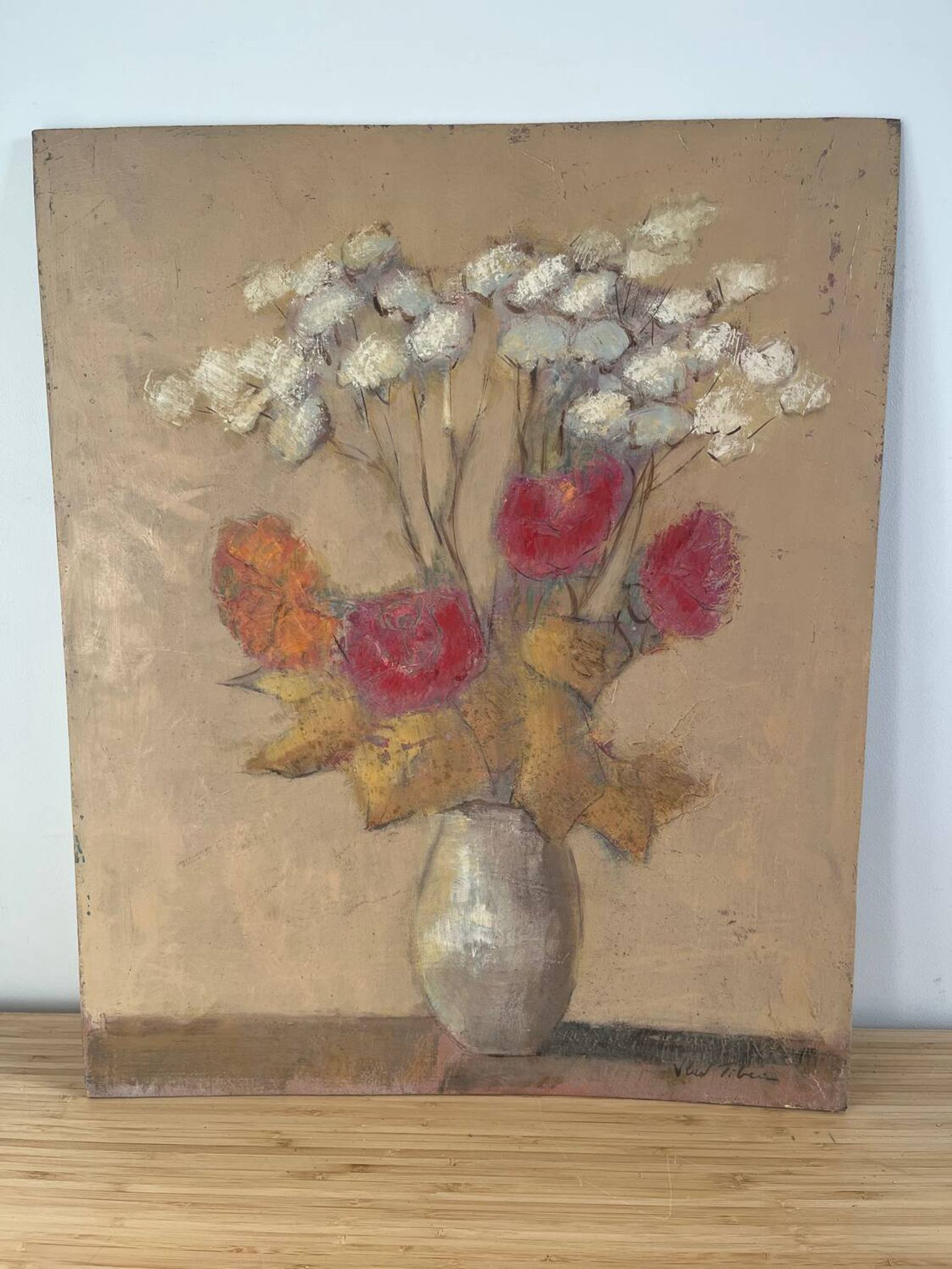 Bouquet of flowers, oil on wood panel, signed Vlad Tiberin.