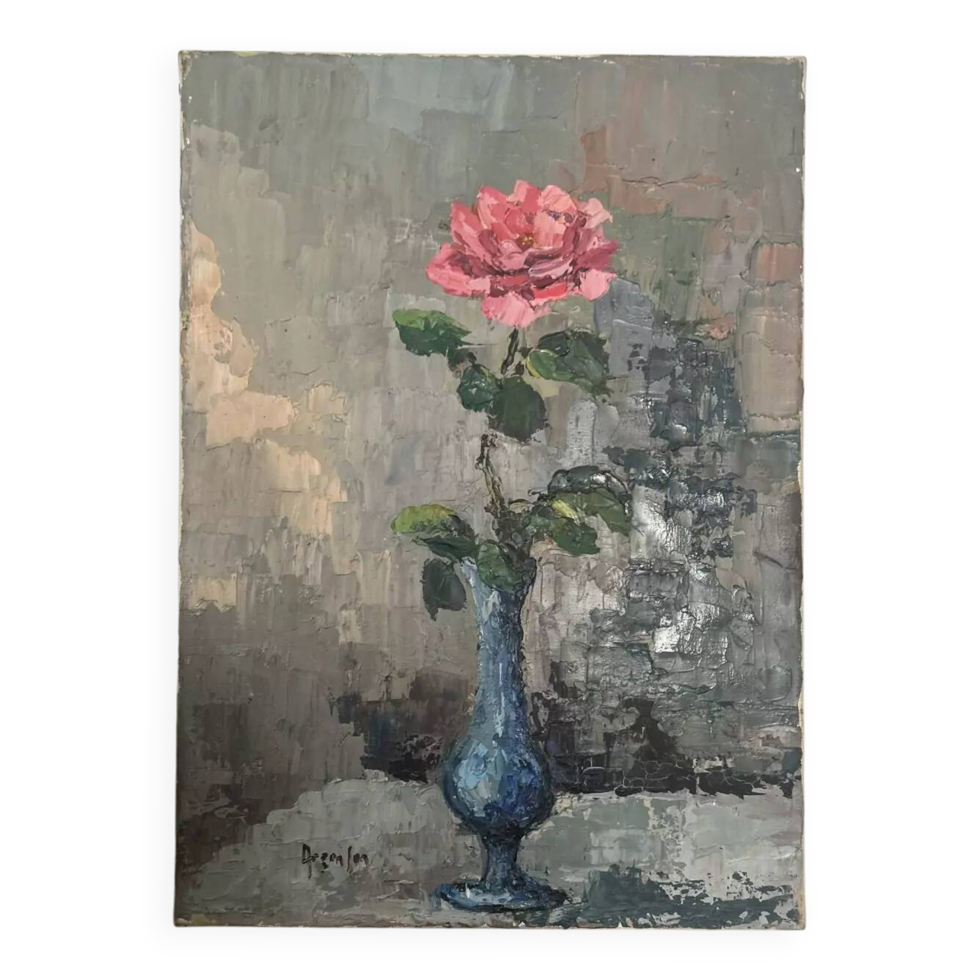 Antique oil painting on canvas, "The Rose in a Blue Vase," mid-20th century, signed