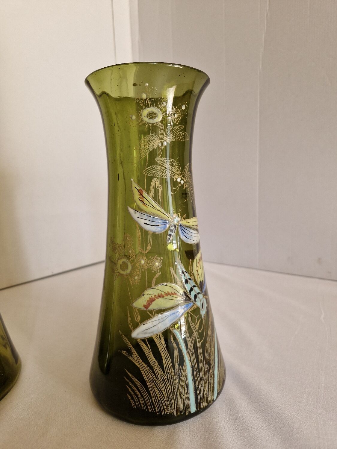 Pair of Enameled Glass Vases with Dragonflies. Unsigned Legras