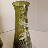 Pair of Enameled Glass Vases with Dragonflies. Unsigned Legras