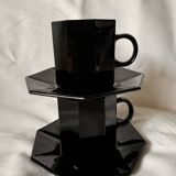 Set of 2 arcoroc black glass coffee cups with underplates