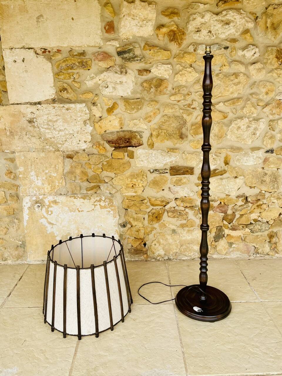 Vintage Floor Lamp Turned Wood, Bamboo Rattan Circa 1950s