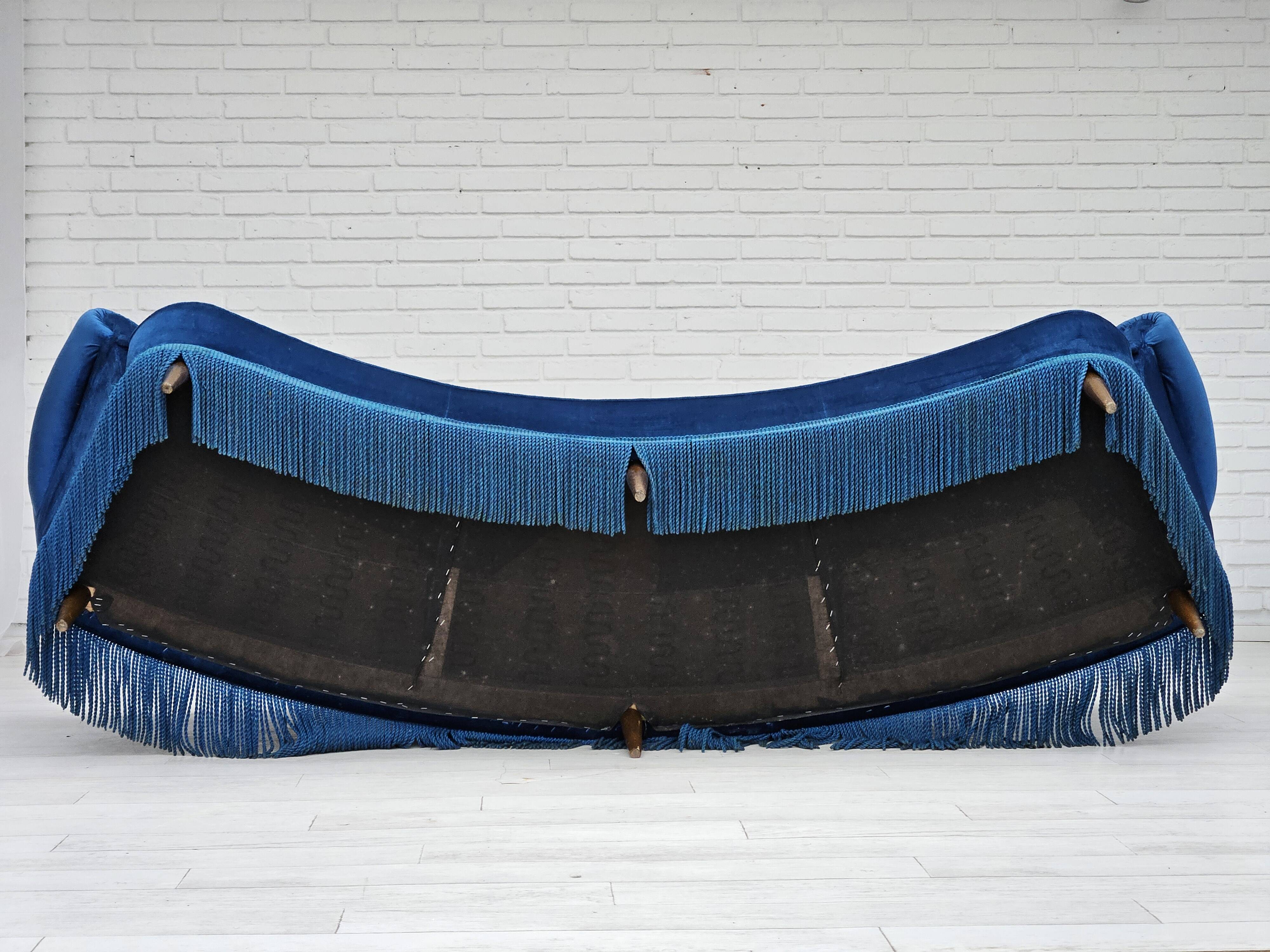 1960s, Danish 3-seater curved sofa, blue furniture velour, beech wood legs.