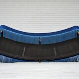 1960s, Danish 3-seater curved sofa, blue furniture velour, beech wood legs.