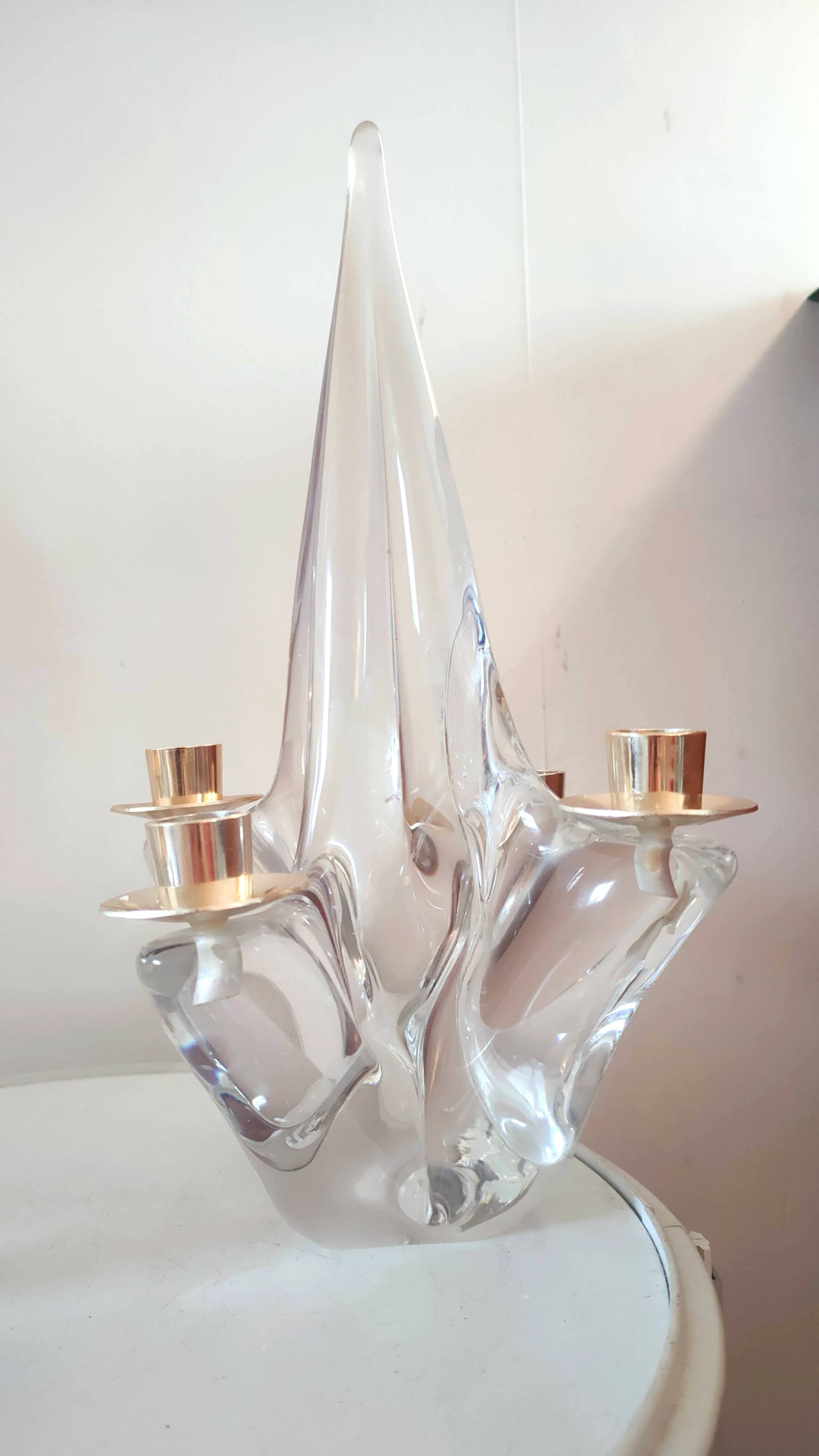 Pair of vintage Schneider crystal and brass candlesticks