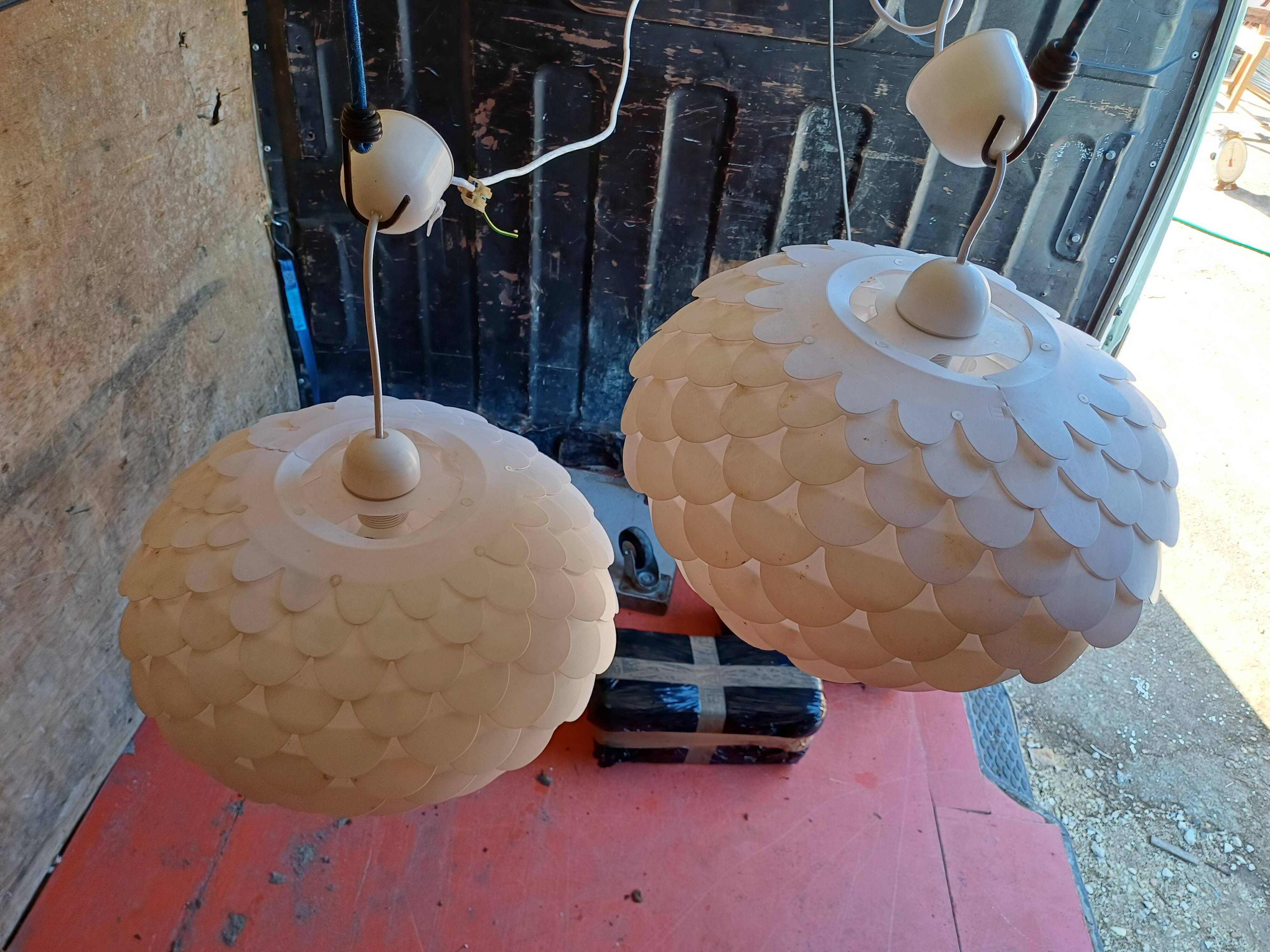 Pair of vintage white plastic pendant lights