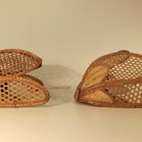 Pair of vintage 1960 wicker wall lamps and cannage half flower shape