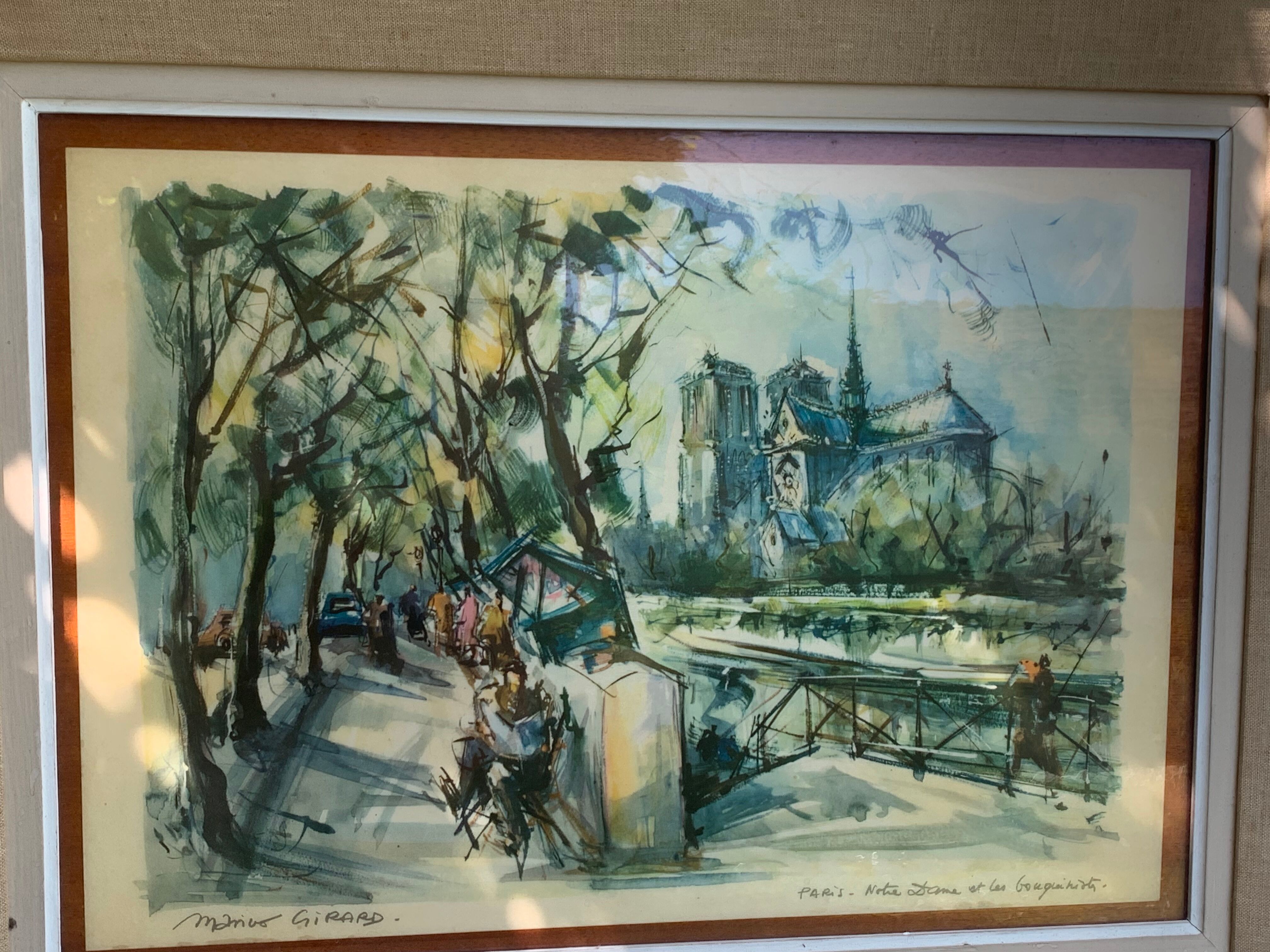Lithograph notre dame et les bouquinistes signed by Marius Girard vintage