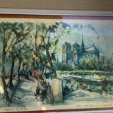 Lithograph notre dame et les bouquinistes signed by Marius Girard vintage