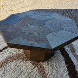 Octagonal slate brutalist coffee table from the 1970s