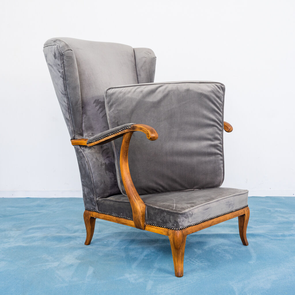 Set 2 armchairs velvet wood walnut design 1950s vintage