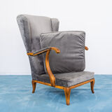 Set 2 armchairs velvet wood walnut design 1950s vintage