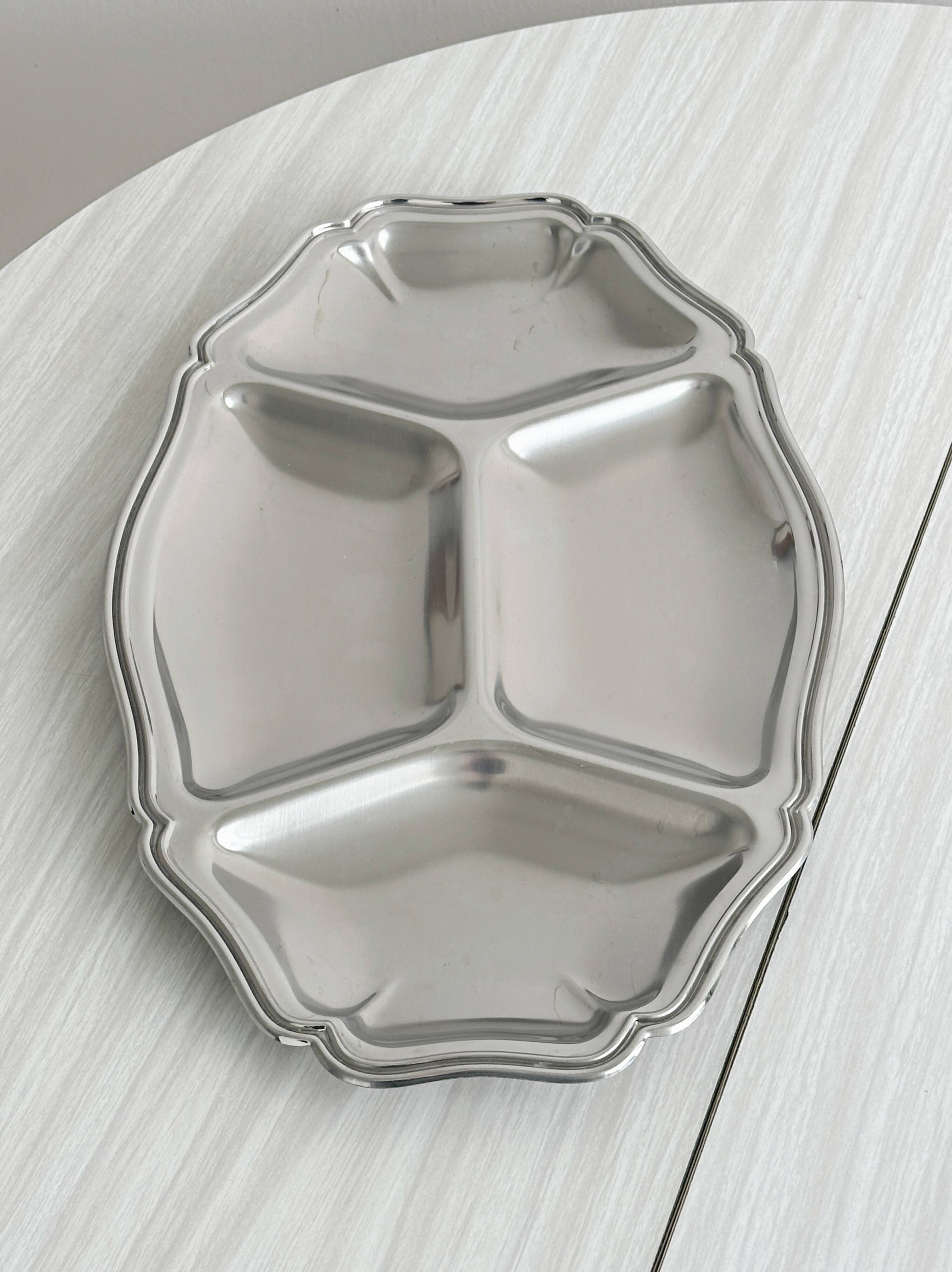 Silver stainless steel compartment dish