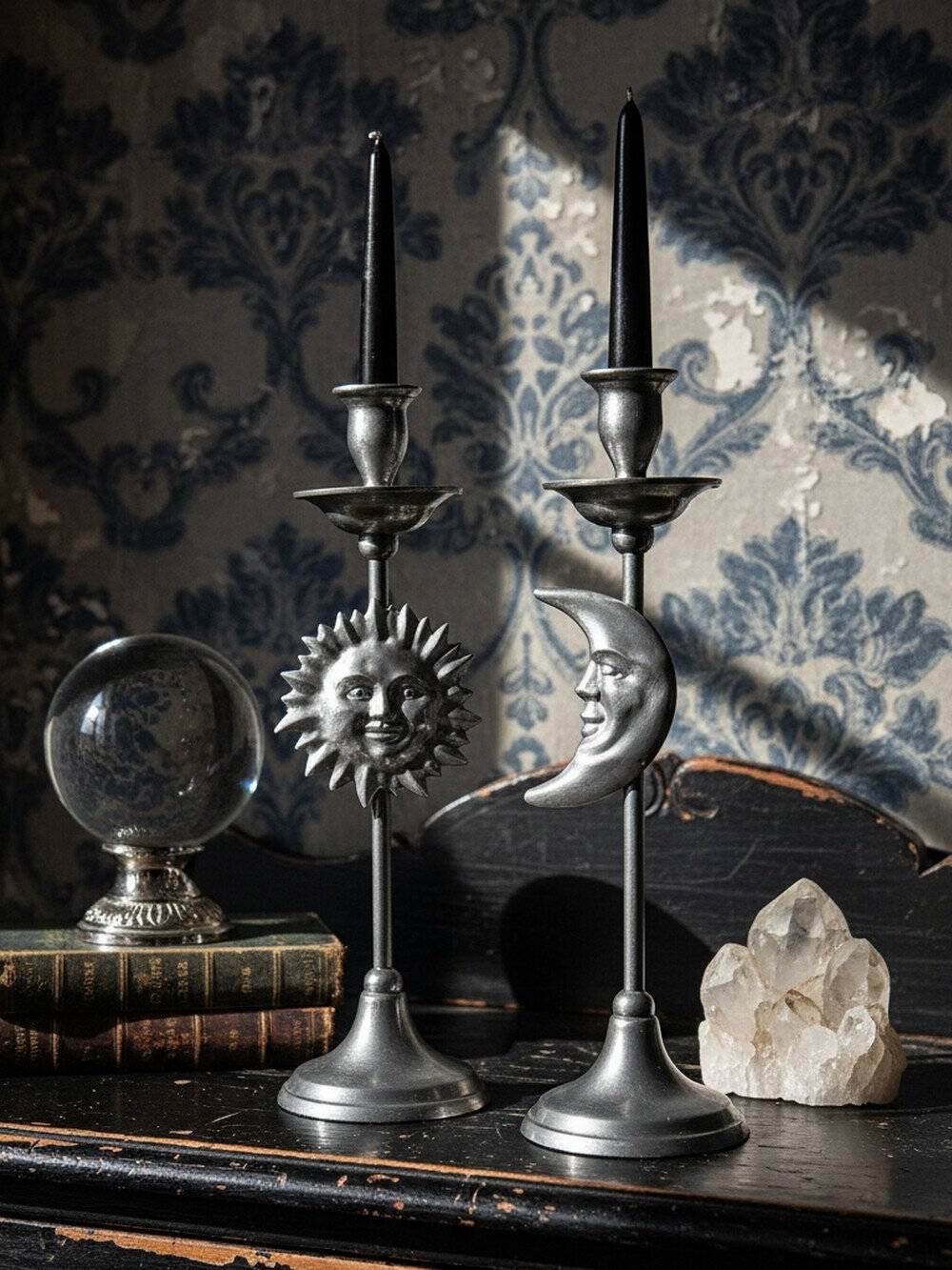 Pair of handcrafted candle holders Sun & Moon vintage mid-century silver-plated tin