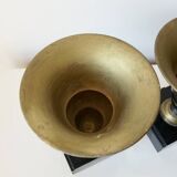 Pair of Art Deco enamelled brass casseroles, black and white marble base