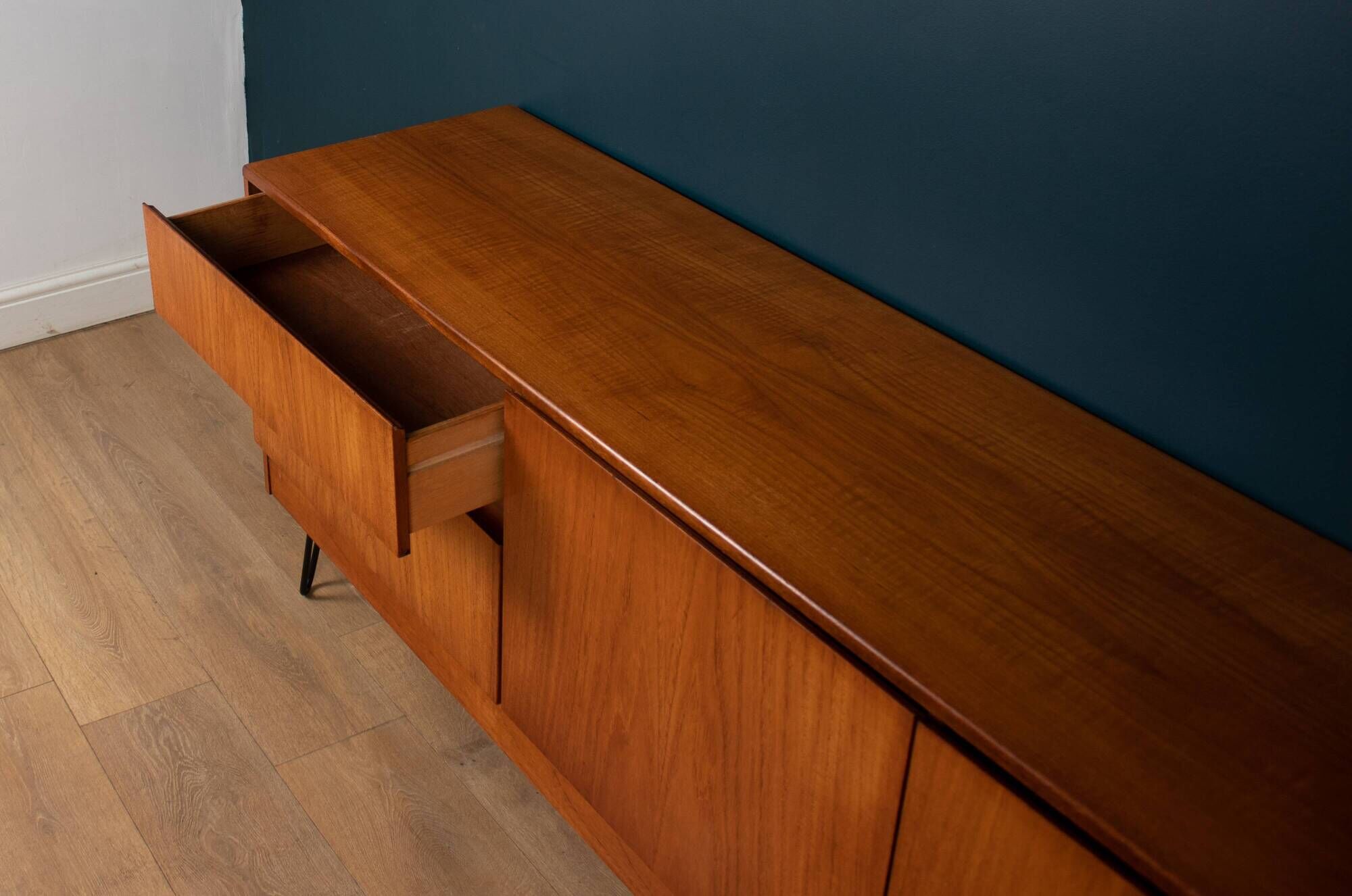 Retro Teak 1960s White & Newton Style S Form Sideboard Cabinet On Hairpin Legs