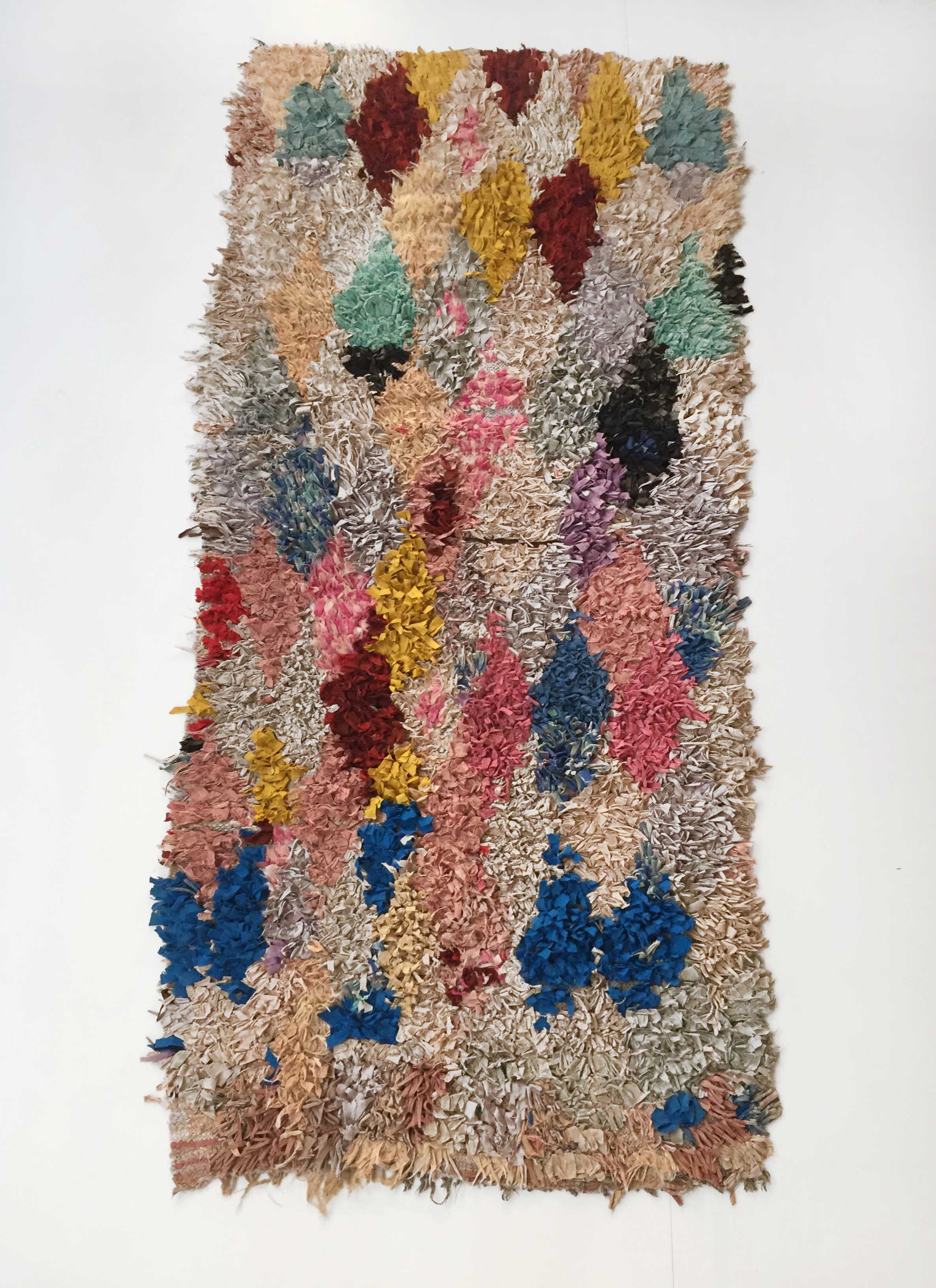 Moroccan Berber carpet Boucherouite with colored diamonds 242x110cm