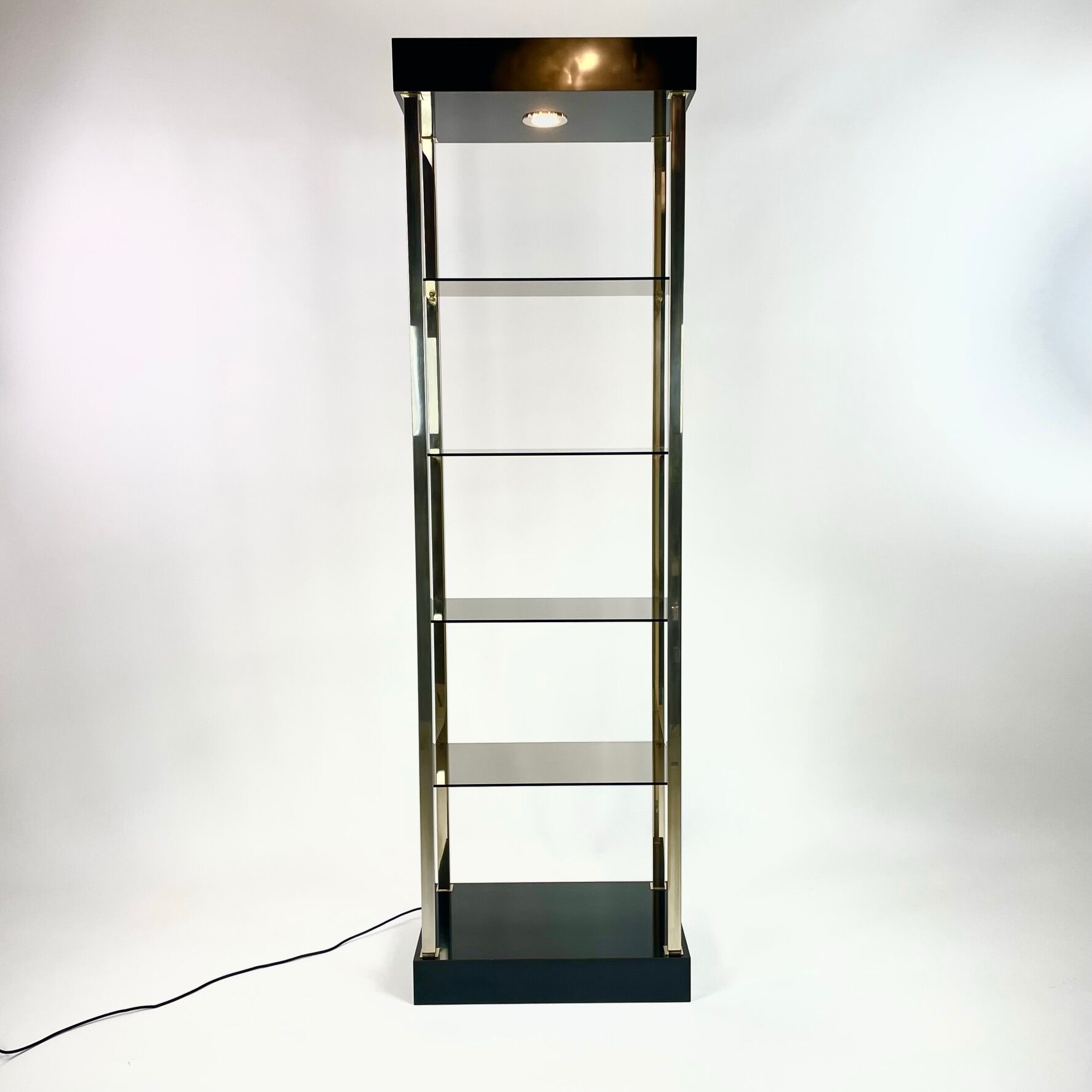 Brass and smoked glass shelf, belgo chrome, 1980