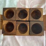 6 cube egg cups on tray with handles Olive wood Vintage 1970