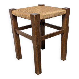 Square stool in wood and straw