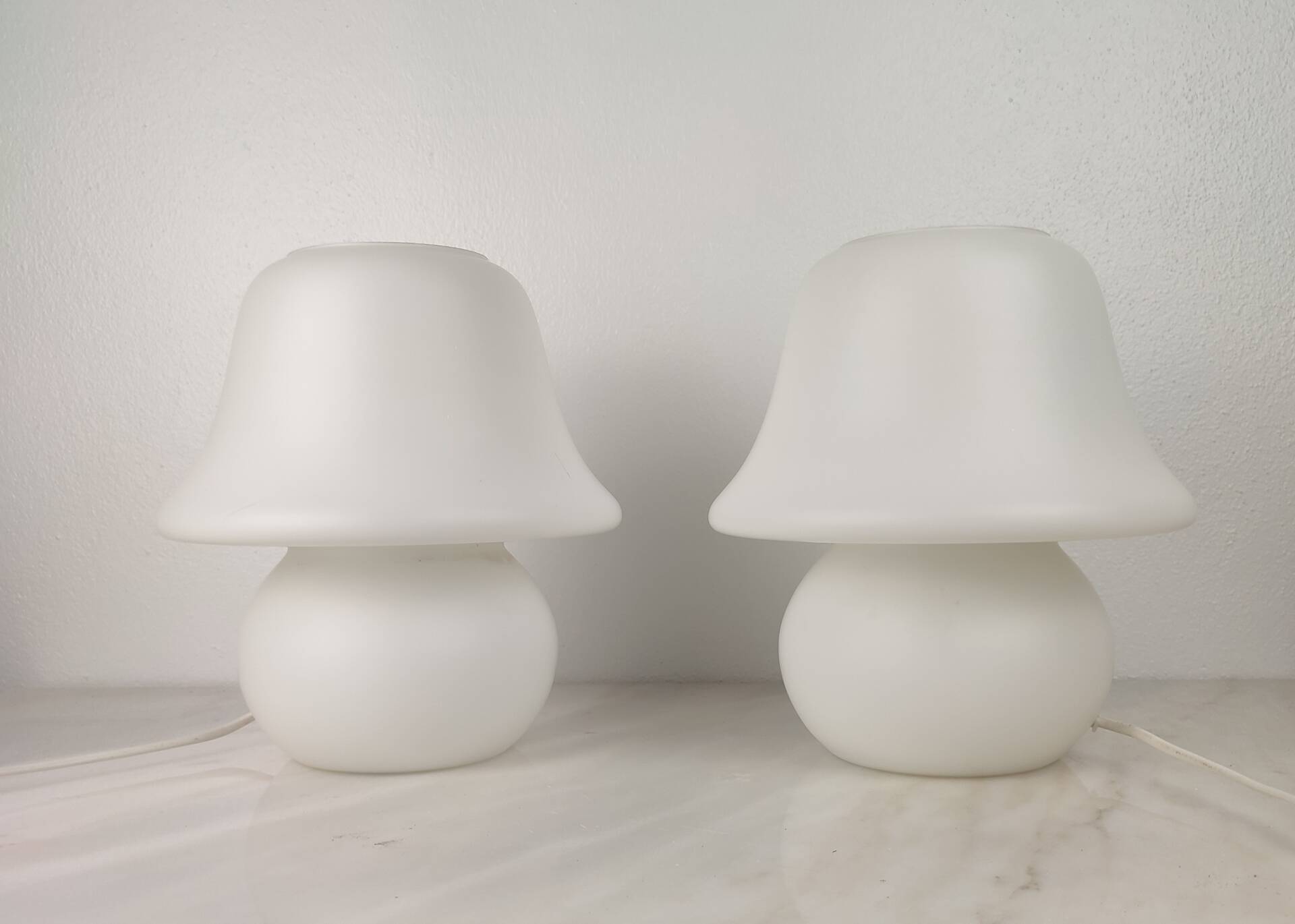 Pair of vintage opaline glass lamps by Hustadt Leuchten in the shape of mushrooms.