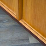 1950s low sideboard in ash, black formica surface. Professionally restored