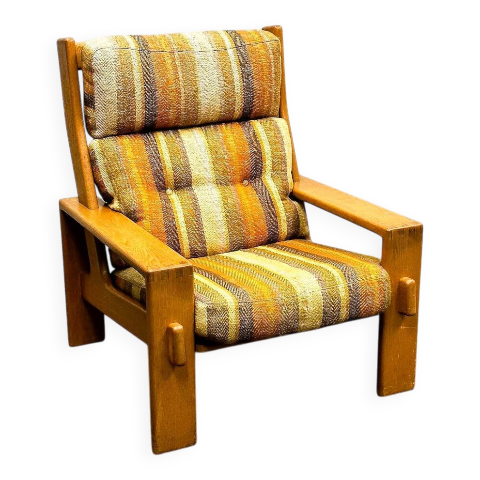 Vintage large elm wood lounge chair with original fabric, 1970s France