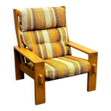 Vintage large elm wood lounge chair with original fabric, 1970s France