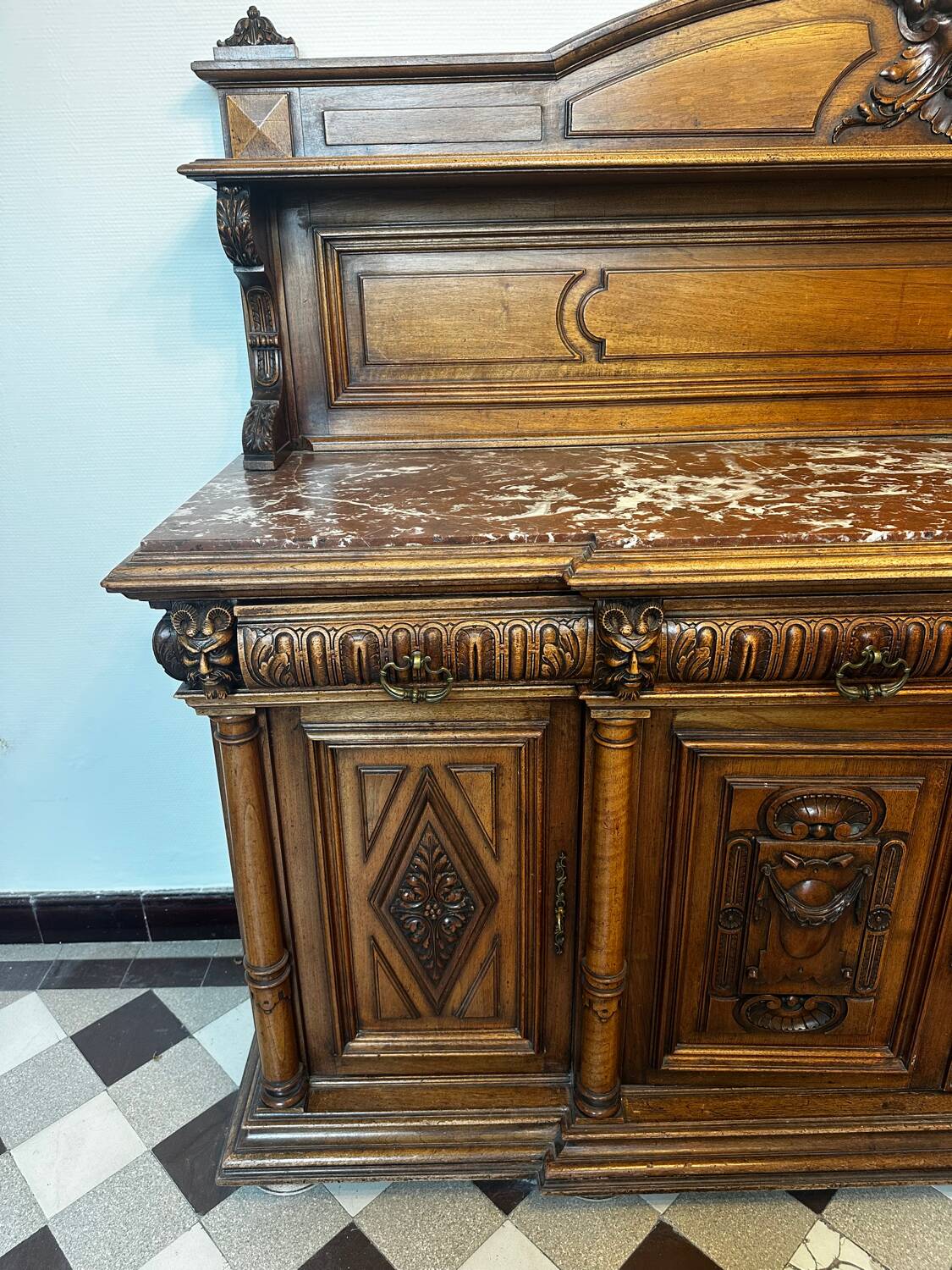 Two-part Renaissance-style buffet - Solid oak & marble, late 19th century