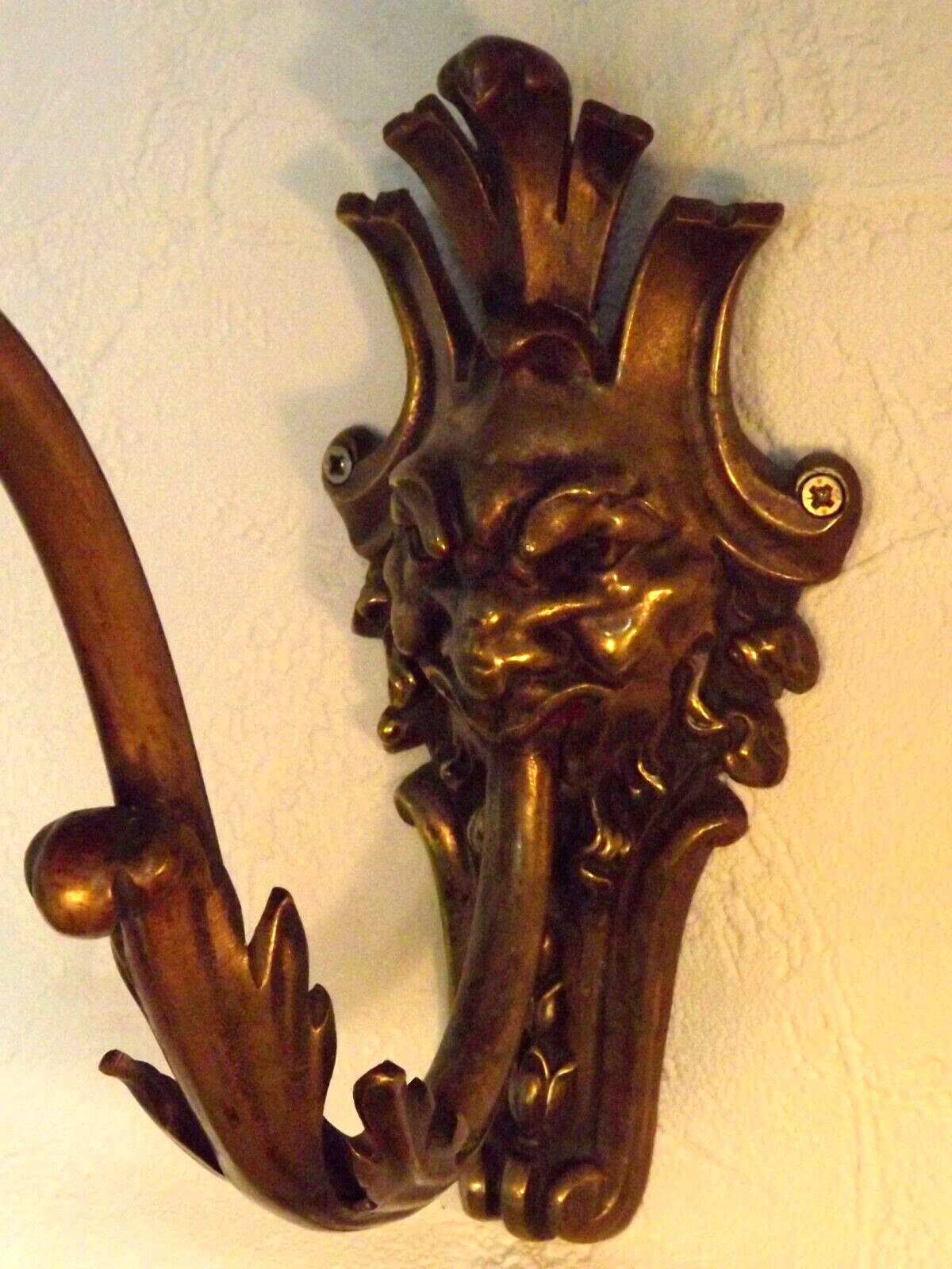 Pair French Antique Brass Greenman Single Wall Lights White Frilled Shade 4572