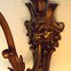 Pair French Antique Brass Greenman Single Wall Lights White Frilled Shade 4572